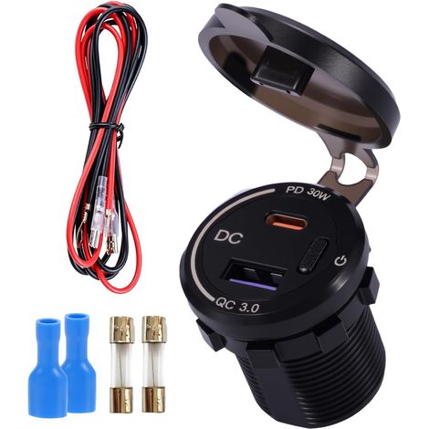 Prise Chargeur Voiture 12V USB avec Interrupteur, Adaptateur de Charge avec Cable 60 cm et 2 Fusibles, Prise USB 12V/24V pour Voiture Bateau Moto Camion Camping Car (1/5)
