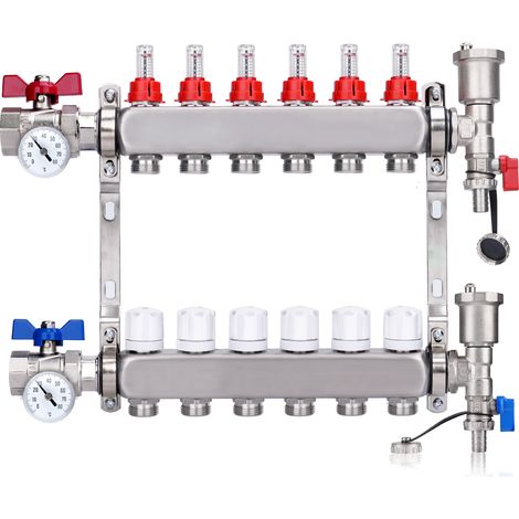 Kit Collecteur Radiateur, 6 Circuits Distributeur Chauffage, avec Thermomètreavec, Vannes à Boisseau Sphérique 1", avec Purgeur Manuel et Débitmètre, Raccords pour Eurocône 3/4, Distributeur HKV