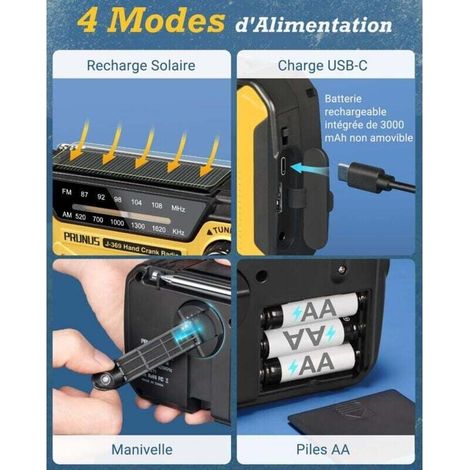Portable Radio Dynamo Survie, J-369 AM/FM Radio à Pile avec 3000mAh Power Bank/SOS Alarm/Lampe Poch/Panneau Solaire, Haut-parleurs, Ourdoor, Emergency.