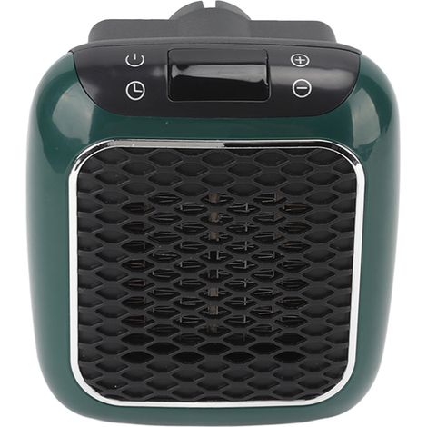 Chauffage mural compact à température constante avec thermostat réglable, compatible avec les prises européennes 220 V et de couleur verte.