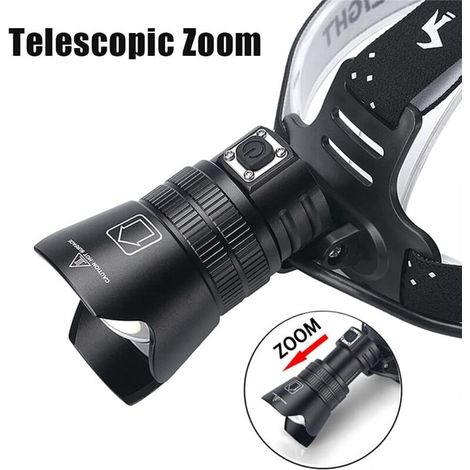 Lampe Frontale LED Rechargeable, ZoomableTorche Frontale avec 3 Modes, Lampe Frontale Étanche pour Chasse, Pêche, Camping
