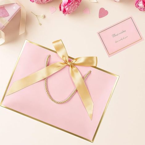Lot de Pochettes Cadeaux avec Anse, Sacs Cadeaux en Papier Avec Ruban d'Arc, Pochettes en Papier avec Anse, Emballage Cadeau pour Noël, les Anniversaires, Mariages, Fête (Rose -Bord Or)