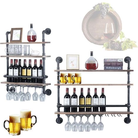 Support mural pour bouteilles rétro - Porte-verres à vin mural industriel - Étagère murale industrielle - Étagère murale - Étagère murale - Étagère murale - Porte-bouteilles en bois et métal (1/5)