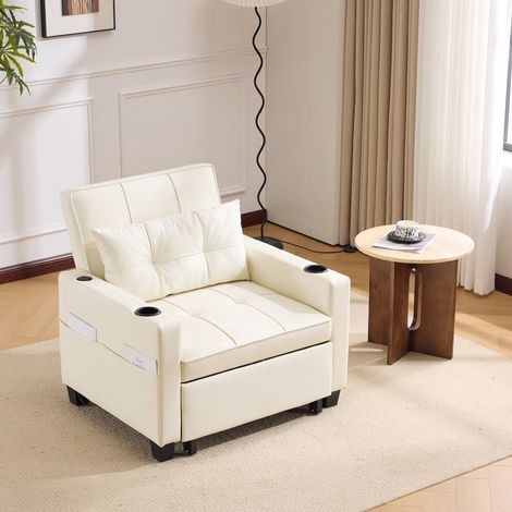 Poltrona letto singola 3 in 1 bianca in PU con struttura in legno e metallo, schienale regolabile e portabicchieri (1/5)