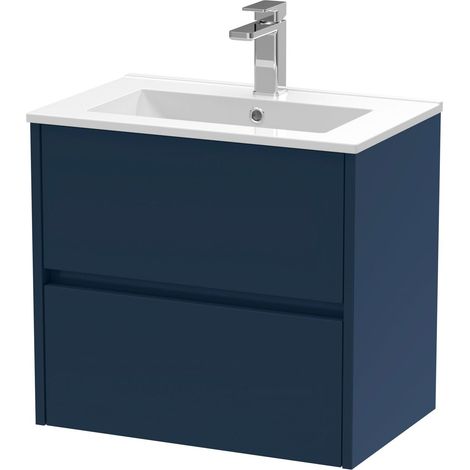 Chartley Contemporary 2 Drawer Wall Hung Vanity Unit with Minimalist Basin, Midnight Blue, 600mm (1/4)
