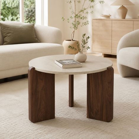 Table basse ronde 60x43 cm en travertin beige et noyer (1/4)