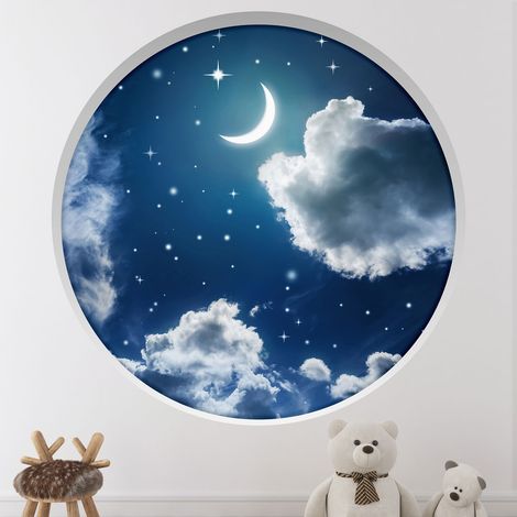 Stickers Trompe l'oeil Arche ronde - Lune ciel étoilé - Diamètre 30 cm (1/4)