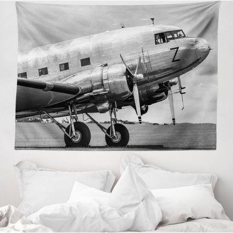 Tapisserie ABAKUHAUS, motif avion ancien, en microfibre douce, lavable, résistante à la décoloration, impression numérique, 150 x 110 cm, gris/noir