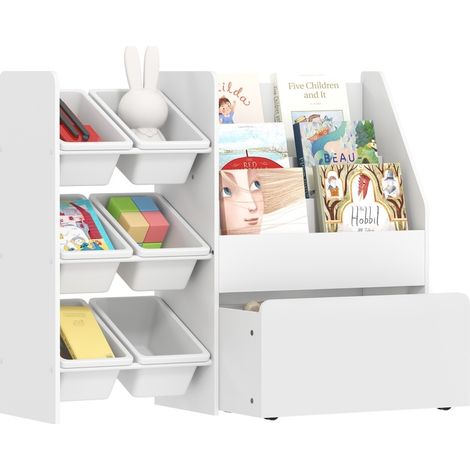 Étagère de rangement pour enfant avec 6 bacs amovibles, 3 niveaux, grand compartiment inférieur et roulettes, meuble bibliothèque blanc en bois et acier  CHICFURN (1/5)