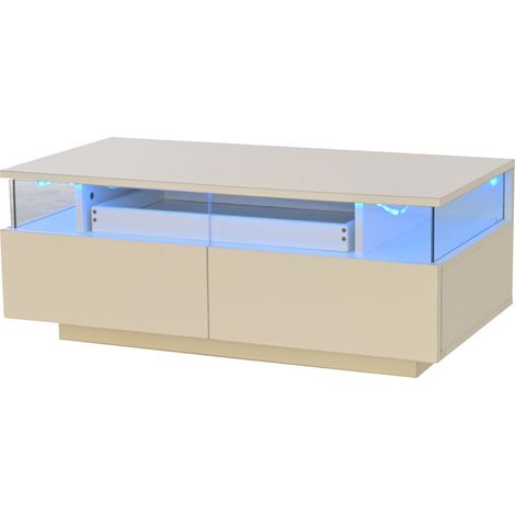 Weiß glänzender Couchtisch 90 x 45 x 35,5 cm mit 2 Schubladen, abnehmbarem Tablett und LED-Licht (1/5)