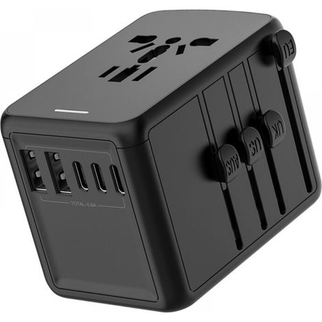 L'adattatore da viaggio universale è dotato di una porta USB-C da 5,8 A 3 x 3,0 A, una porta USB-A da 2 x 2,4 A e più prese CA, un adattatore per presa di corrente internazionale integrato e un carica