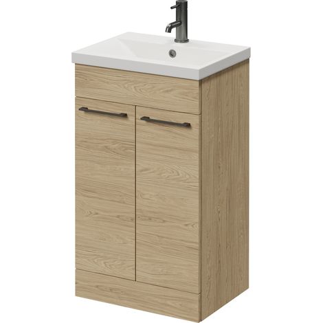 Napoli 390 Light Oak 500mm 2 Door Vanity Unit with Glide Basin - 500mm - Gunmetal Grey 160mm Handle