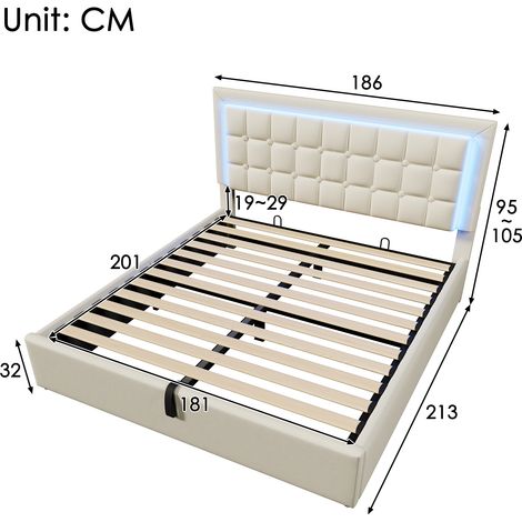 Lit rembourré 180x200cm,cadre à lattes,rangement,bande LED,revêtement cuir synthétique blanc,lit de rangement,sans matelas