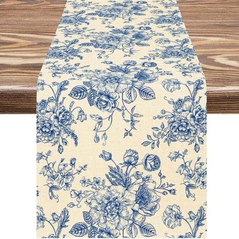 (33 x 183 cm) Tischläufer mit blauer Rose im Vintage-Stil, einfarbige Skizze, und Tischläufer aus Sackleinen, Dekoration für Hochzeits-Couchtisch