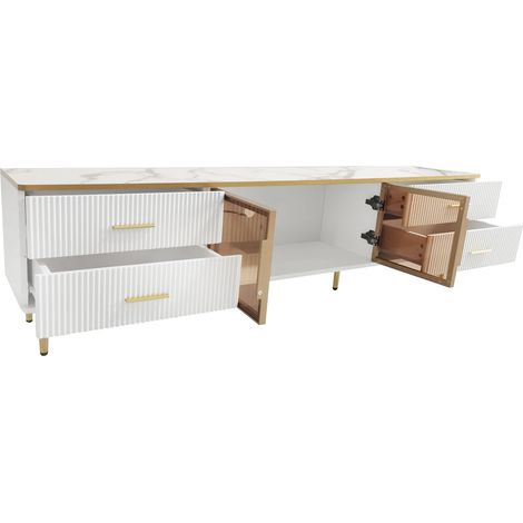 TV-Möbel mit LED 170x37x47,5 cm in Marmoroptik, 4 Schubladen und 2 Türen aus Glas (1/5)
