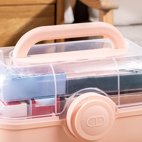 Boîte de rangement pour médicaments en plastique à plusieurs niveaux, grande capacité, rose (moyenne) (1/5)