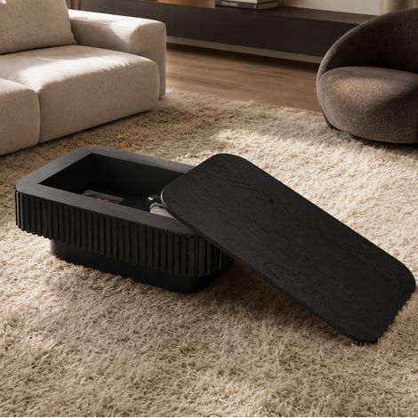 Table basse relevable 98x60x35 cm en MDF et bois noir, avec rangement pour salon moderne FloraGrace (1/5)