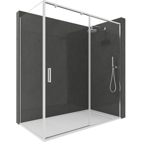 Mampara de Ducha Corredera Angular 1 Puerta + 2 Fijos con Cristal Templado 6 mm Antical Plata Brillo 98,5-103 cm (Lado Puerta) + 82,5-85 cm (Fijo Lateral) x 195 cm (1/5)