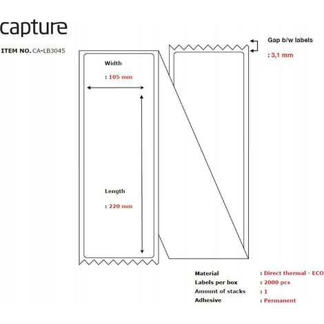 Etiqueta de captura 105 x 220, núcleo plegado en abanico, CA-LB3045