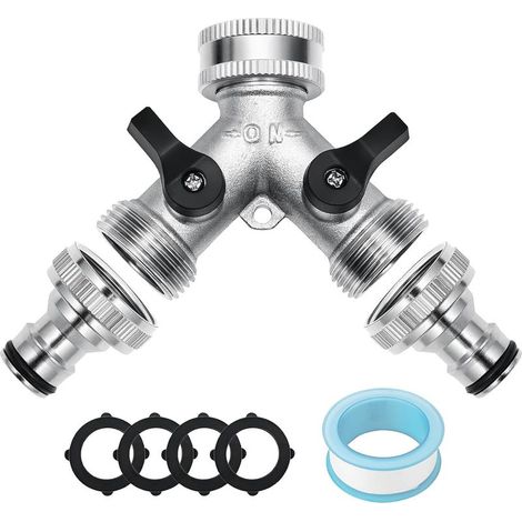 Robinet Double Sortie 3/4", Répartiteur d\'eau en Y à 2 Voies avec Vannes Interrupteur de Commande, Distributeur Tuyau d\'arrosage pour Machine Laver et Lave-Vaisselle - (1/5)