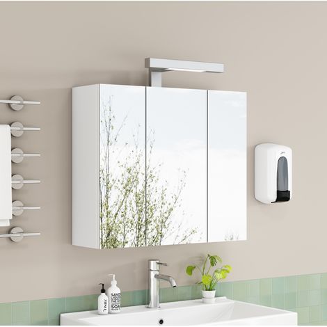 MODFU – Armoire toilette murale 66 cm MDF/verre – 3 portes miroir et étagères verre – LED et prise française – Salle de bains – Blanc (1/5)