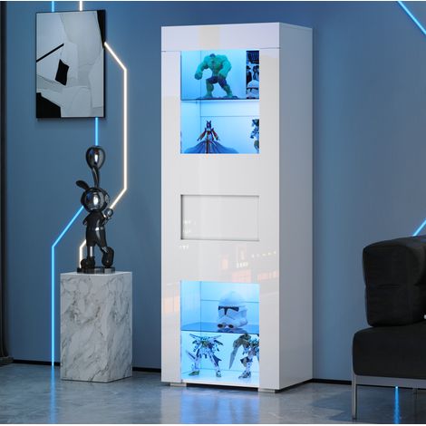 Vitrine 60x40x170 cm blanche en MDF et verre trempé avec porte acrylique, LED réglable et rangement 4 niveaux (1/5)