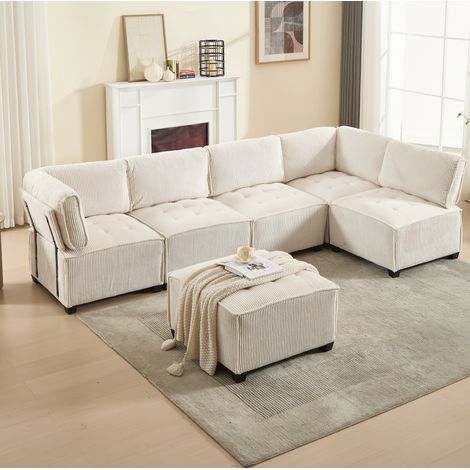 Divano modulare in velluto a coste beige 308 cm, 6 posti, configurabile a U/L e trasformabile in letto (1/5)