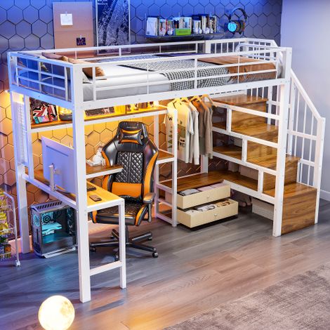 Lit superposé 90×200 cm 2 tiroirs, LED, bureau intégré, escalier rangement Sommier à lattes, fer noir