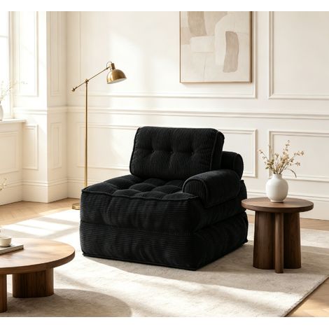 Fauteuil au sol 2-en-1 pliable velours côtelé noir Canapé pliant dossier réglable, lit d'appoint & fauteuil lounge pour salon et chambre (1/5)