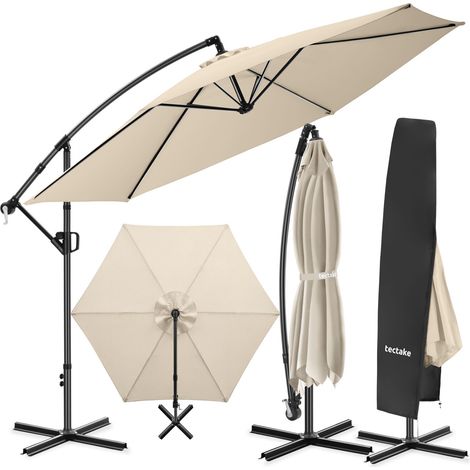 Parasol déporté pivotant 360°, tissu polyester, beige 3,5x3,5m