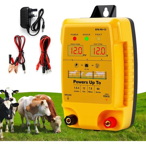 Dispositif de clôture électrique 12 V avec affichage LED, portée 12 km, 2 Joules, 12 kV, pour la protection des animaux de ferme, de la volaille, des pâturages et des jardins (C)