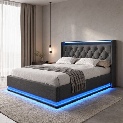 Cama canapé 180x200 cm de lino gris con LED y USB-C, sin colchón – MEUBLIV (1/5)