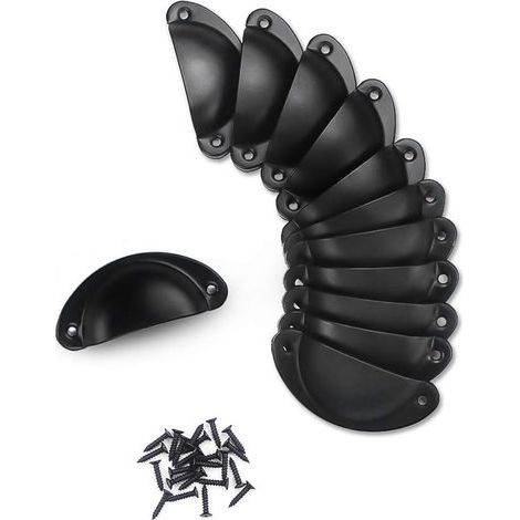 12 Stück schwarze Vintage-Muschelgriffe, Retro-Muschelgriffe für Schranktüren, Schubladen, gebogene Türknöpfe aus Eisen (24 Schrauben) (1/5)
