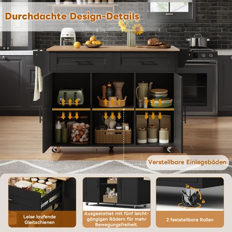 Îlot de cuisine mobile multifonctionnel plan de travail pliable étagères réglables 5 roulettes tiroir à couverts dissimulé 145 x 45 x 94,5 cm