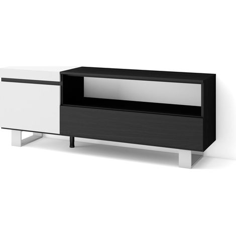 Skraut Home - Meuble TV, Banc Télé, Grand espace de Rangement, 150x57x35cm, Pour les TV jusqu'à 65", Design industriel, Style moderne, Blanc et noir (1/5)
