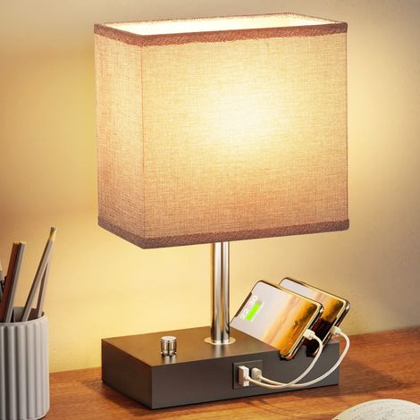 Lampe de chevet à intensité variable avec port de chargement USB A+C, support pour téléphone avec abat-jour en tissu gris, ampoule LED incluse (1/3)