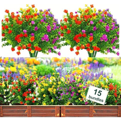 15 ramos de flores artificiales, plantas artificiales de plástico de 35 cm, arbustos artificiales resistentes a los rayos UV para colgar en jarrones, macetas, jardines, porches y decoración de bodas (