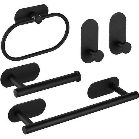 Ensemble de 5 accessoires de salle de bain en acier inoxydable noir mat, auto-adhésifs (1/4)