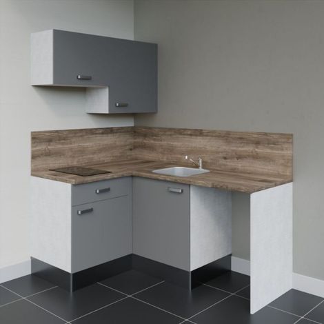 Kitchenette d'angle KA02L-PT avec plan de travail et évier - Façade Gris - Plan Bois - Evier Inox - Crédences Oui (1/5)