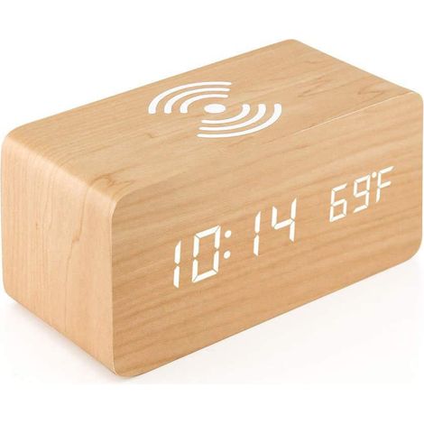 Réveil numérique en bois, alarme électronique numérique sans fil LED numérique, horloge numérique en bois, horloge de chevet LED (1/5)