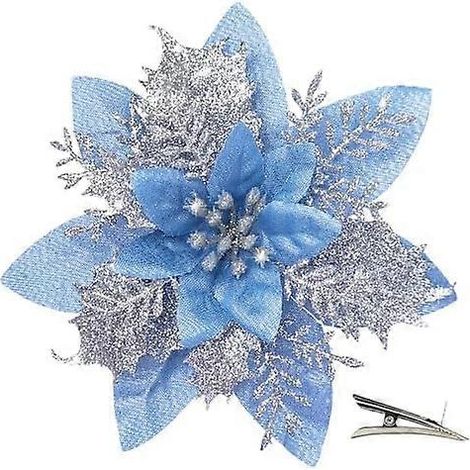 Décorations de Noël : 20 fleurs de Poinsettia scintillantes argentées-bleues avec pinces, idéales pour sapin, embellissements festifs brillants, ornements de fête. (1/4)