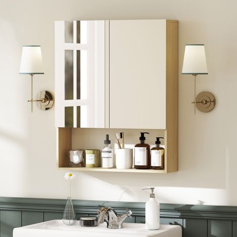 Meuble miroir de salle de bains 60x16,6x75 cm MDF chêne avec étagère, gain de place – MEUBLIV (1/5)