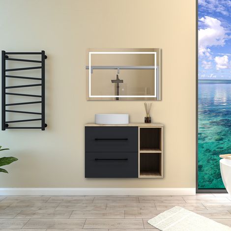 Biubiubath Ensemble meuble de Salle de Bain Suspendu avec Vasque + 2 Rangements Ouverts, 80x46x52cm, Miroir Tricolore et Dimmable