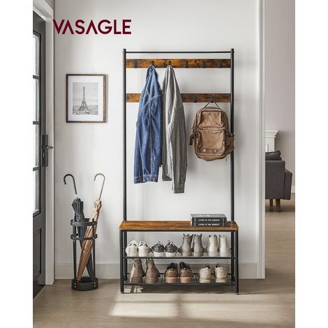 Vasagle – Portemanteau avec banc et étagères à chaussures – Cadre en métal – Hauteur 175 cm – Marron rustique et noir – 9 crochets doubles