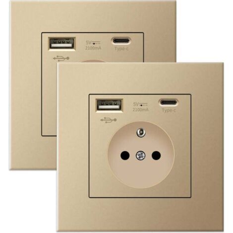 Confezione da 2 prese a muro con USB e Type-C, 5 V 2,1 A, presa USB da incasso standard UE, ciabatta francese, 110-250 V (oro) (1/4)