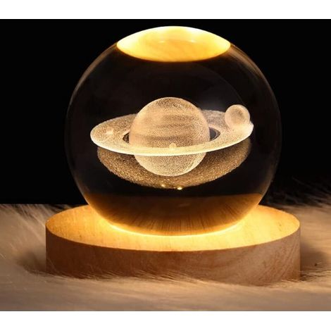 Veilleuse LED Saturne en boule de cristal 3D pour enfants avec socle en bois, veilleuse galaxie, idée cadeau, décoration de chambre (1/4)