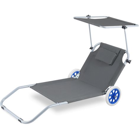 SWANEW Sedia a sdraio da giardino Sedia a sdraio pieghevole Sedia da spiaggia fino a 100 kg con 2 ruote cuscino 150x60x27cm-Grigio scuro