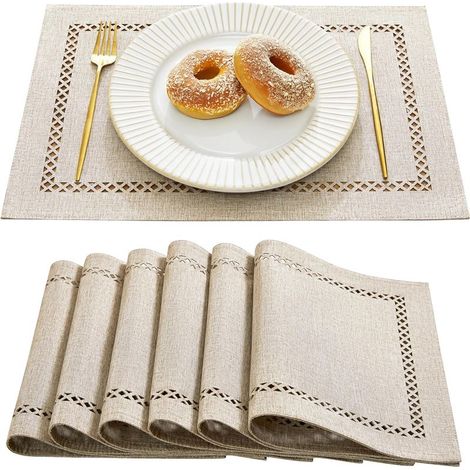 Ensemble de 6 sets de table en lin de style champêtre, 33 x 45 cm, avec perforations géométriques rustiques, lavables pour les repas, les fêtes et l'usage quotidien (1/5)