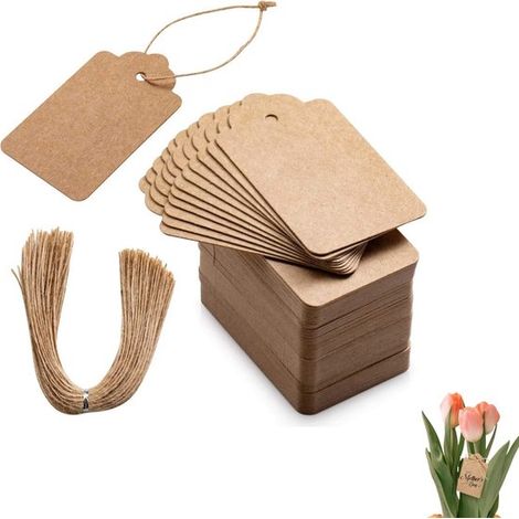 Juego de 100 piezas, Etiquetas de precio de papel kraft de doble cara, Etiquetas hechas a mano con cordel de yute natural (1/5)