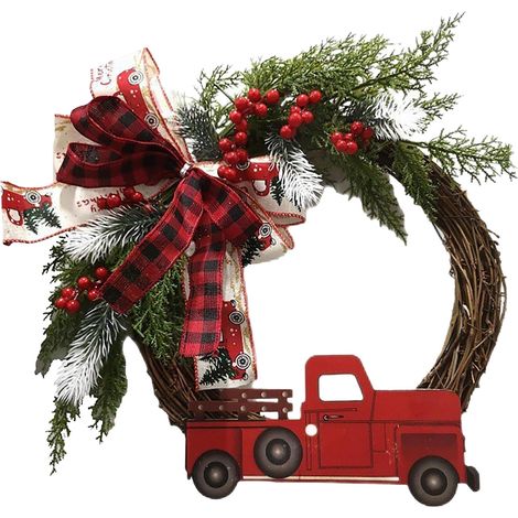Guirlande De Porte - Camion Rouge En Simili - Ruban Coloré - Décoration De Noël - Style Ferme - 1 Pièce (1/5)